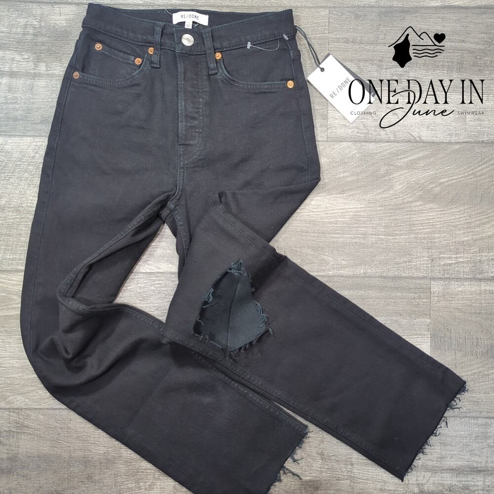 Re/Done 70s Stove Pipe Jeans Black Noir With Rip High Rise NWT Size 00 (24)
